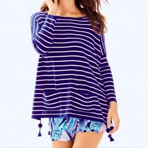 Lily Pullitzer Cotton Blend Elba Sweater In Twilight Blue And Pink Coba Tassel